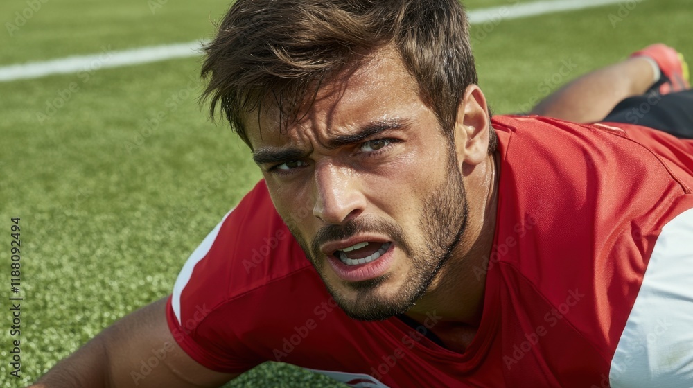 Fototapeta premium Football player lying on the ground after a hard tackle, showcasing resilience and determination in the face of physical challenge.