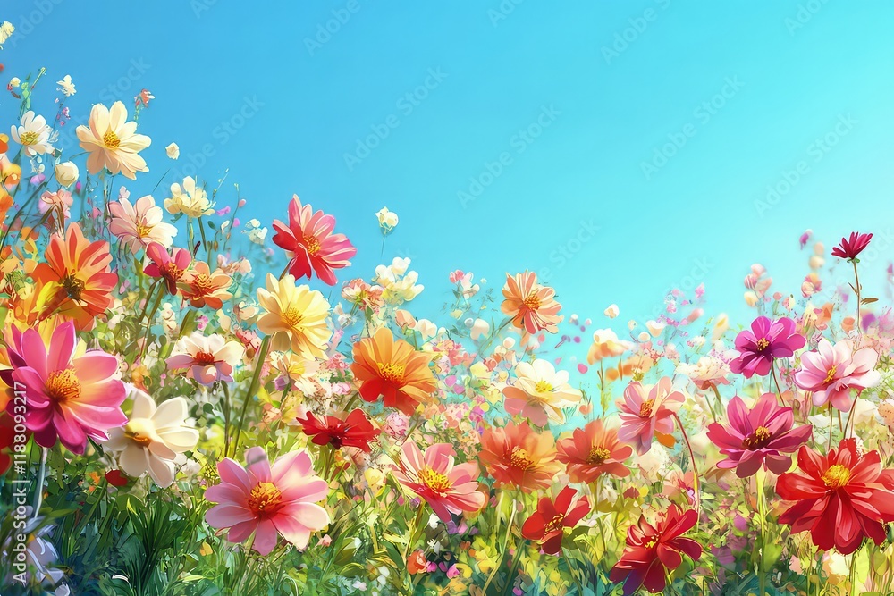 A colorful garden filled with vibrant dahlias in full bloom under a clear blue sky. A colorful garden filled with vibrant dahlias in full bloom under a clear blue sky.