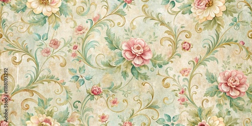 Distressed vintage floral wallpaper with swirly patterns and pastel colors, giving a nostalgic feel to any room , floral