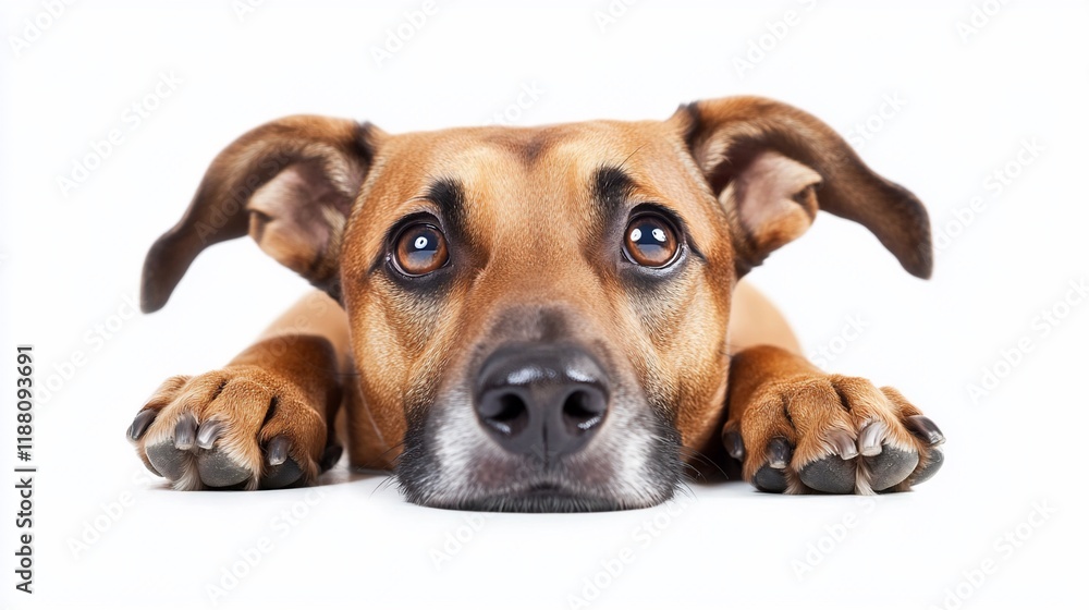 Cute brown dog lying down, looking up with sad eyes against a white background. Cute brown dog lying down, looking up with sad eyes against a white background.