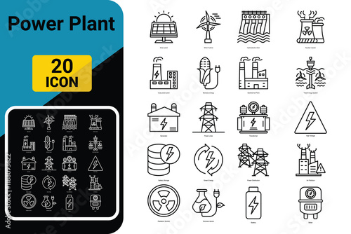 Power plant icons. Power station line icon set. 