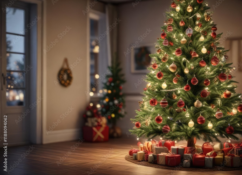 A festive Christmas tree decorated with ornaments and lights , evergreen, decorations A festive Christmas tree decorated with ornaments and lights , evergreen, decorations