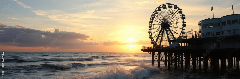 A Ferris wheel perched on the edge of the Scheveningen pier with a stunning sunset behind it and the sound of waves crashing in the foreground, sailboats, north sea A Ferris wheel perched on the edge of the Scheveningen pier with a stunning sunset behind it and the sound of waves crashing in the foreground, sailboats, north sea