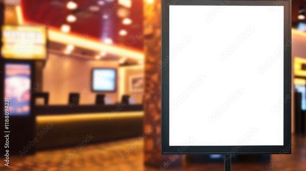 blank showcase billboard or advertising light box for your text message or media content with blurred image of ticket sales counter at movie theater, advertisement, marketing, entertainment concept blank showcase billboard or advertising light box for your text message or media content with blurred image of ticket sales counter at movie theater, advertisement, marketing, entertainment concept