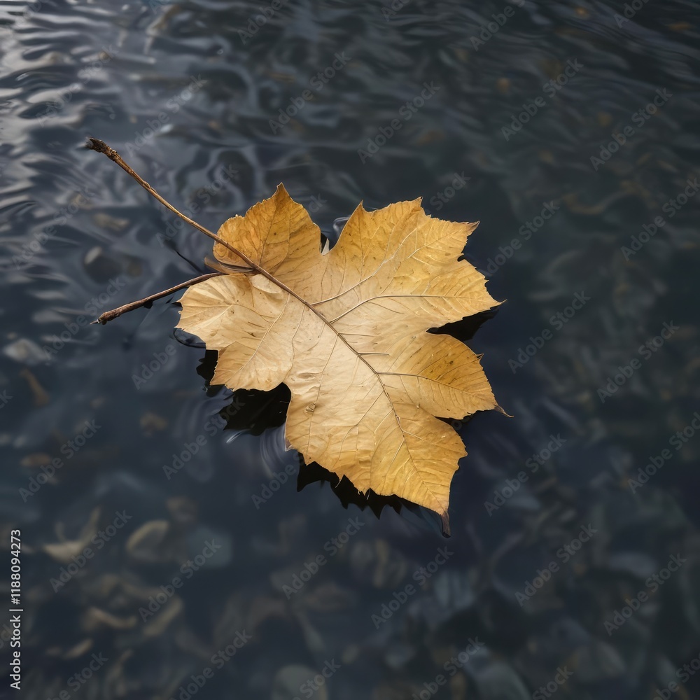 A fallen birch leaf floats on the calm surface of the Flathead River , montana forest, river current, autumn leaves A fallen birch leaf floats on the calm surface of the Flathead River , montana forest, river current, autumn leaves