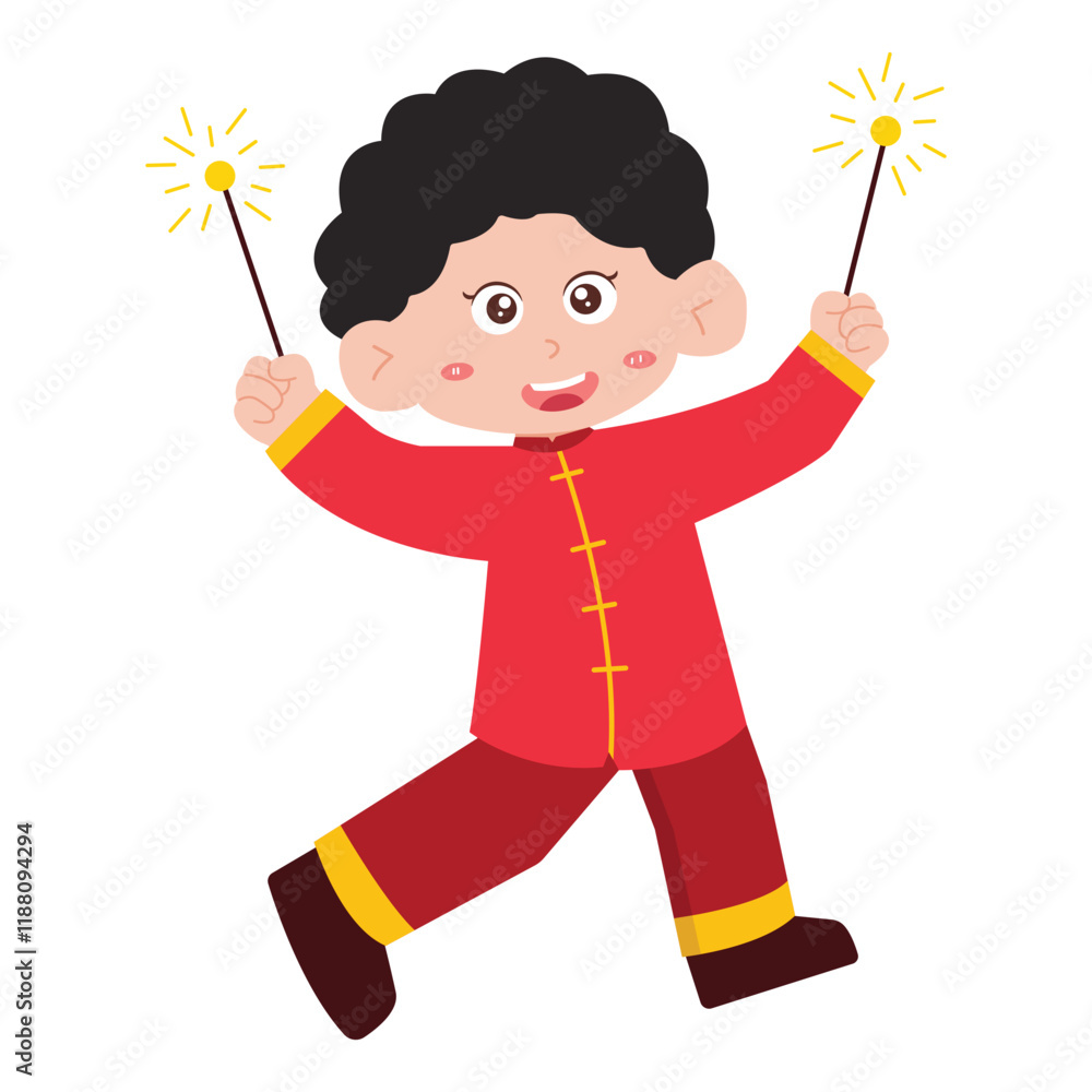 Cheerful Child with Sparklers in Traditional Costume