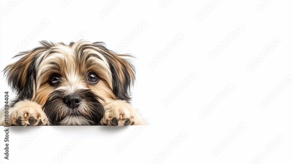 Cute puppy peeking over white background. Cute puppy peeking over white background.