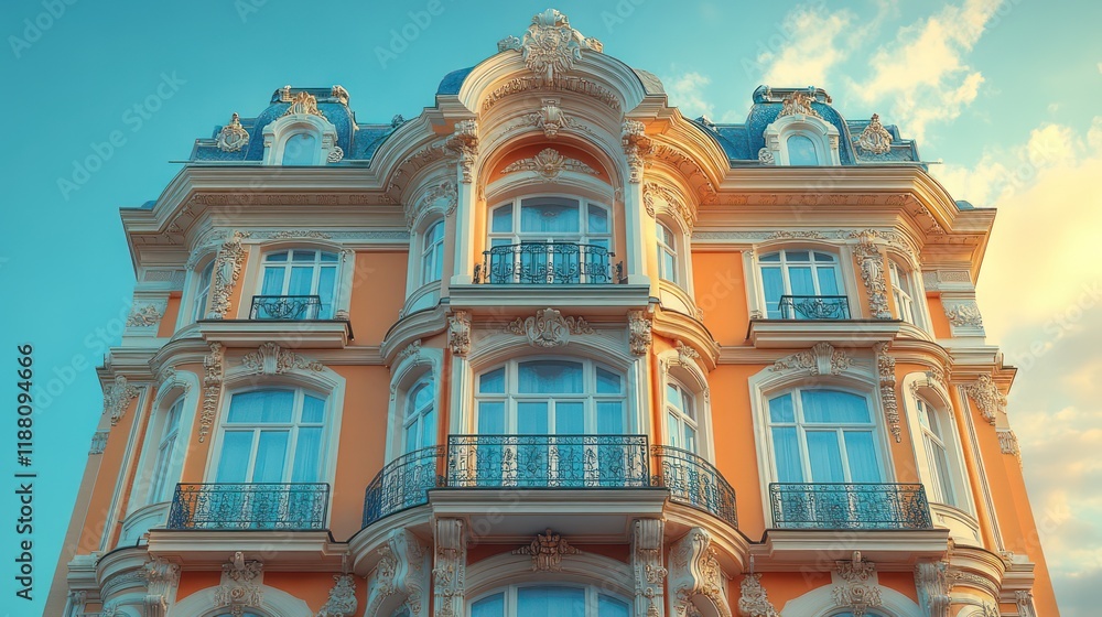 Fototapeta premium Magnificent European Architecture: A Stunning Orange Facade Building