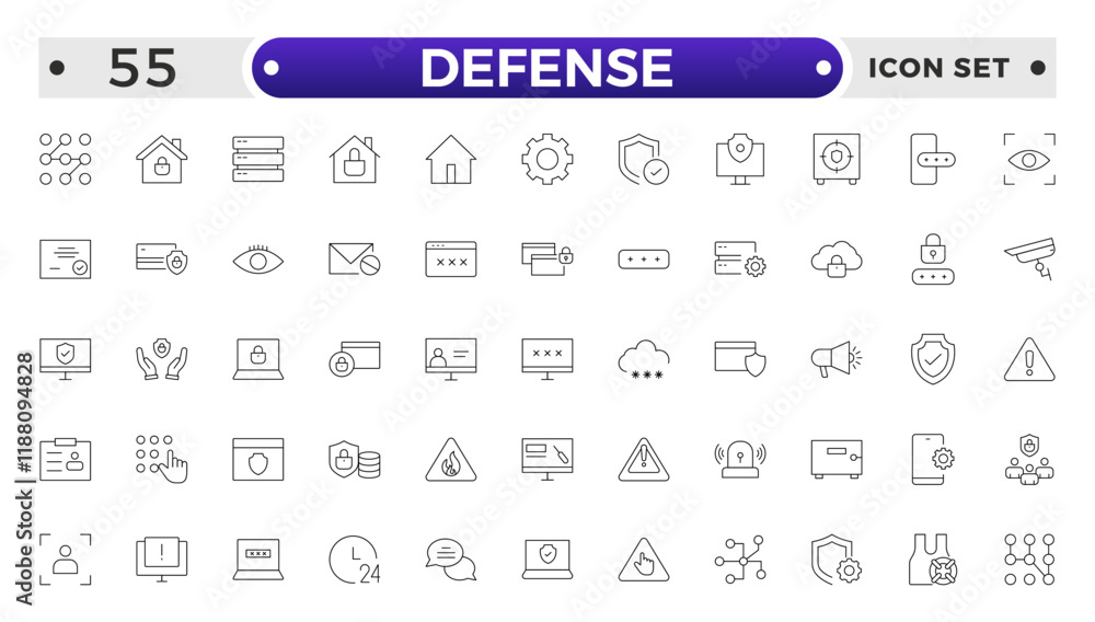 Set of Defense and security web icons in line style. Guard, cyber security, password, smart home, safety, data protection, key, shield, lock, unlock, eye access. Security outline icon set. Set of Defense and security web icons in line style. Guard, cyber security, password, smart home, safety, data protection, key, shield, lock, unlock, eye access. Security outline icon set.
