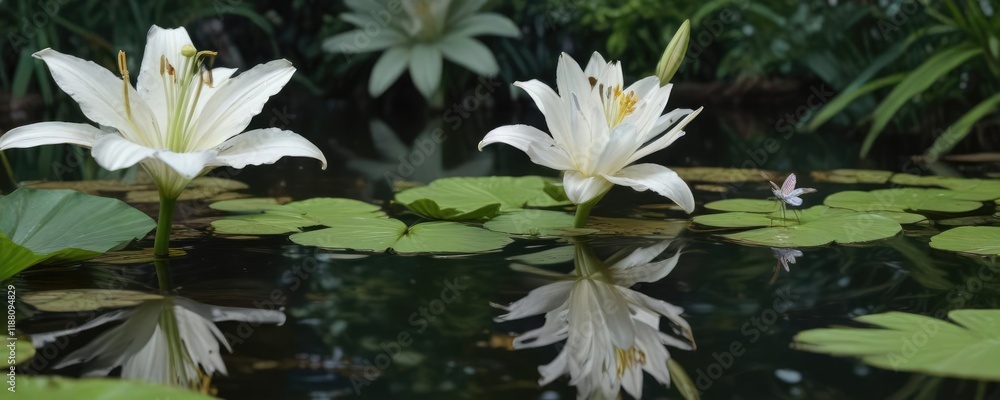 A delicate white lily blooming in a garden pond with a single butterfly perched on its center, blossom, bloom A delicate white lily blooming in a garden pond with a single butterfly perched on its center, blossom, bloom