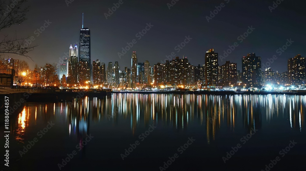 Illuminated Cityscape at Night with Reflections on Water Surface Illuminated Cityscape at Night with Reflections on Water Surface