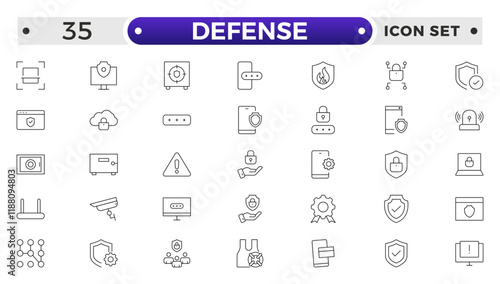 Set of Defense and security web icons in line style. Guard, cyber security, password, smart home, safety, data protection, key, shield, lock, unlock, eye access. Security outline icon set.