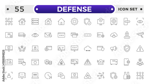 Set of Defense and security web icons in line style. Guard, cyber security, password, smart home, safety, data protection, key, shield, lock, unlock, eye access. Security outline icon set.
