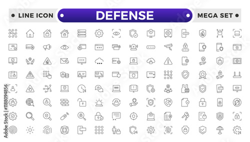 Set of Defense and security web icons in line style. Guard, cyber security, password, smart home, safety, data protection, key, shield, lock, unlock, eye access. Security outline icon set.
