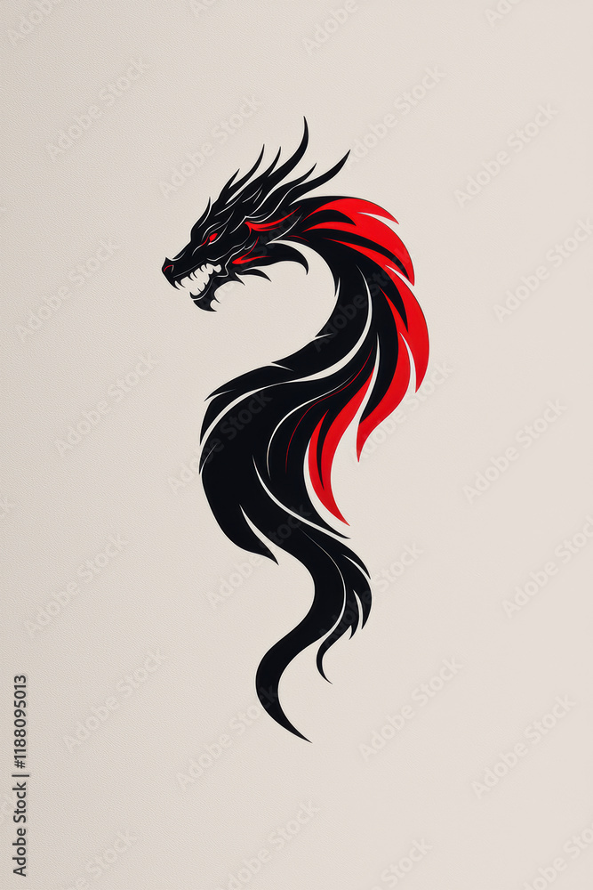 Simplified dragon illustration in black and red, Intricate dragon design featuring bold black and red colors, symbolizing strength and power in various cultures. Simplified dragon illustration in black and red, Intricate dragon design featuring bold black and red colors, symbolizing strength and power in various cultures.