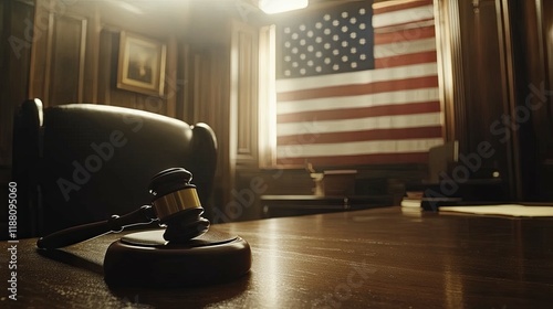 Gavel on Mahogany Desk: American Flag, Judicial Scene