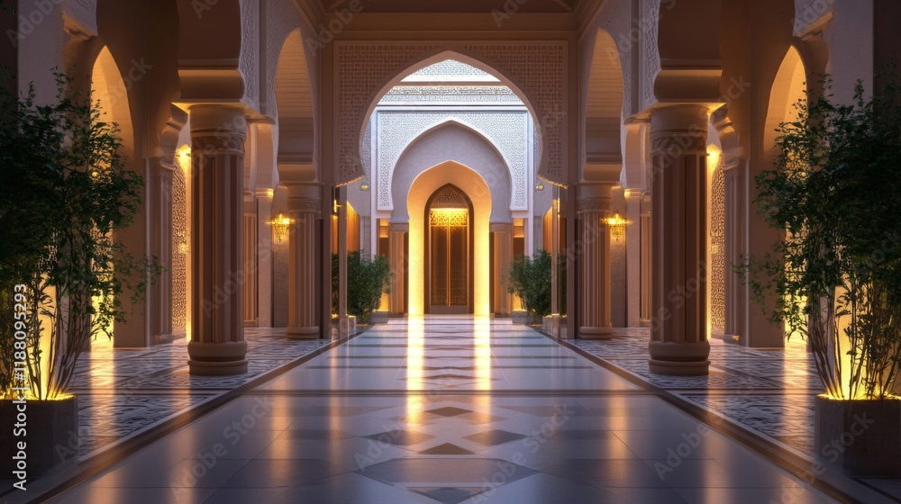 Illuminated Courtyard Passageway With Ornate Islamic Architecture Illuminated Courtyard Passageway With Ornate Islamic Architecture