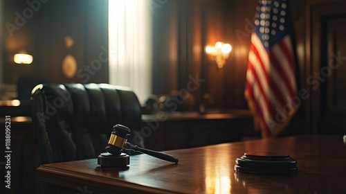 Gavel on Polished Wood: A Judge's Chambers, American Flag in Focus
