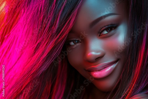 Commercial marketing visual design idea. Gorgeous smiling black girl - for ads, magazine ad and digital use. Long trim - highlighted hair. Chic african american beauty. Black woman portrait. photo