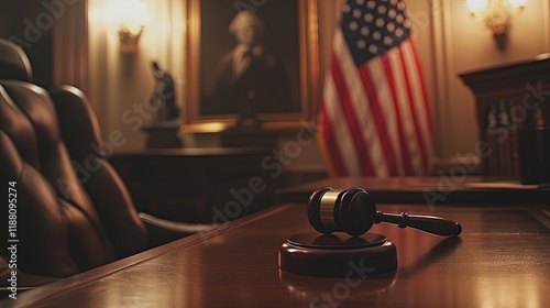 Gavel on Rich Mahogany Desk: American Justice, Dramatic Lighting