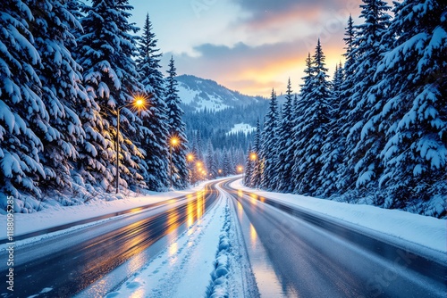 Snowy road lined with illuminated streetlights, surrounded by snow-laden pine trees, with mountains and a glowing sunset sky in the background. Ai generative photo