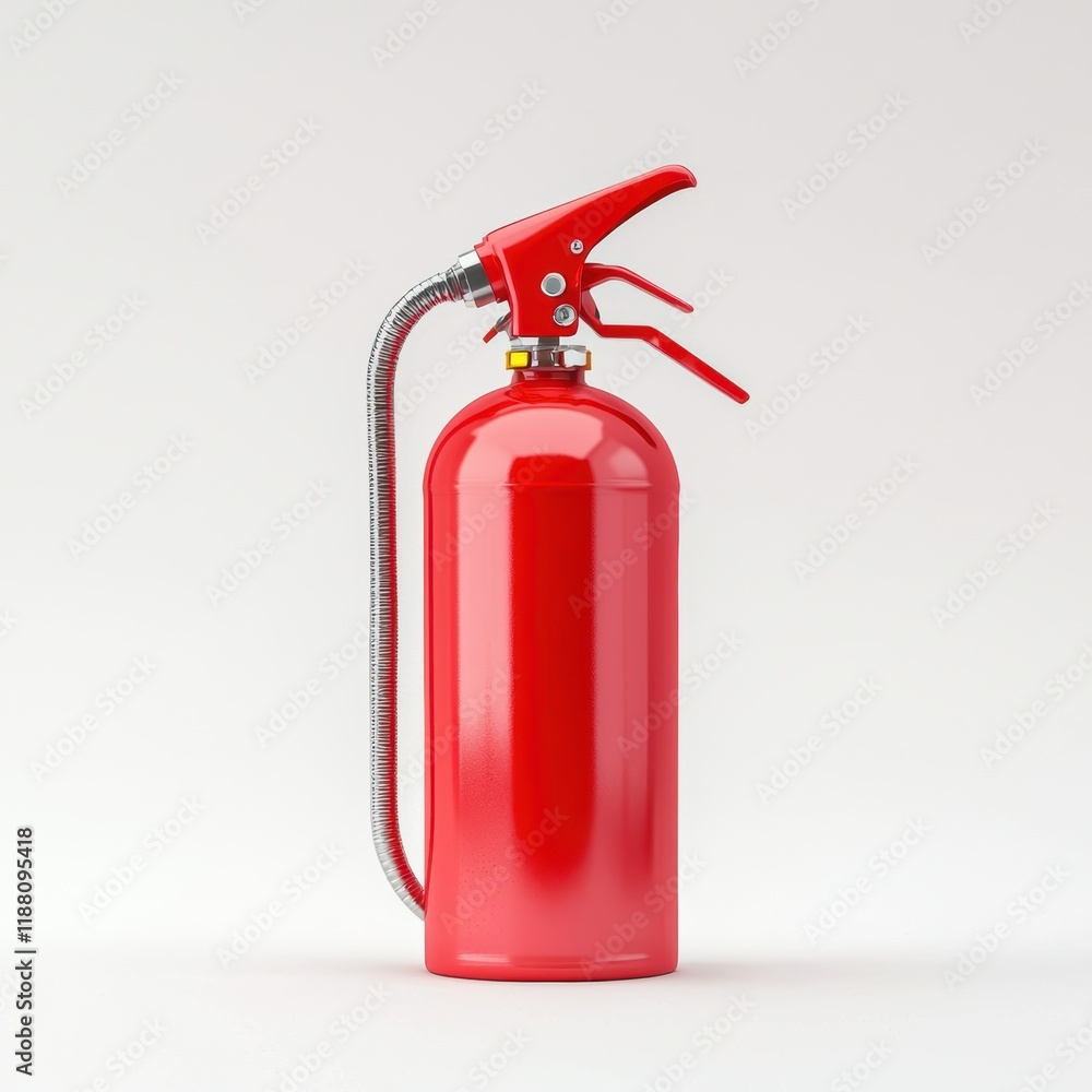 Red fire extinguisher with clear safety pin and flexible hose on white background Red fire extinguisher with clear safety pin and flexible hose on white background
