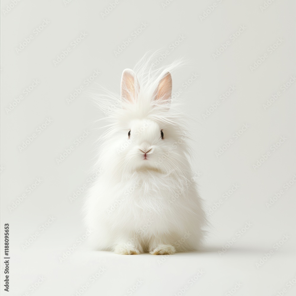 Obraz premium Fluffy white rabbit with long ears and soft fur sitting on plain background