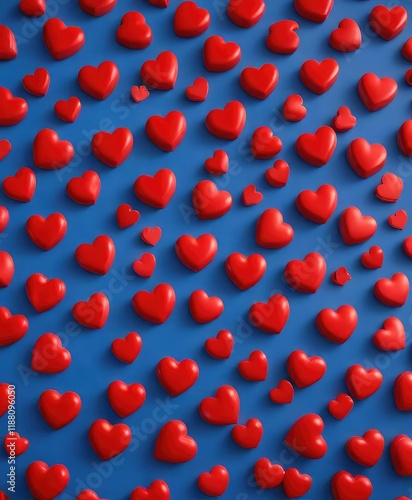 A bold and modern blue background featuring a plethora of red hearts in different shapes and sizes , modern art, trendy photo