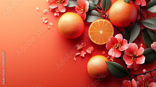 Mandarins with Plum flowers.Chinese new year's decoration. Mandarin orange on red background.celebration Lunar New Year.3d Illustration.pring Festival and the word means fortune.3d Illustration. photo