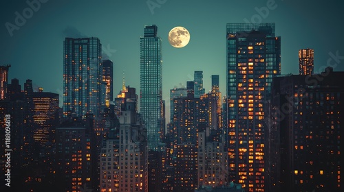 Wallpaper Mural Nighttime Cityscape with Full Moon Over Skyscrapers and Lights Torontodigital.ca