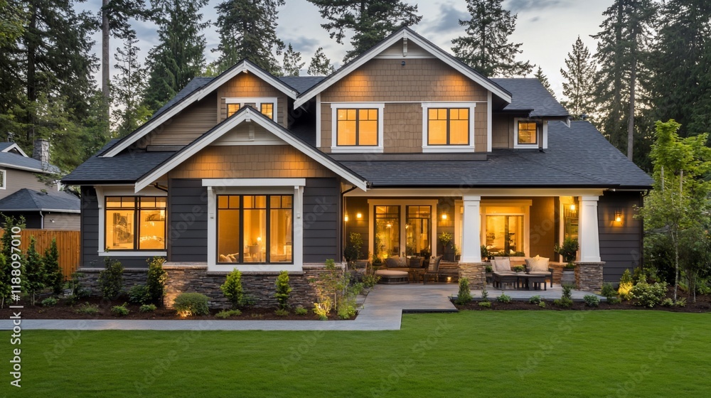 Luxury suburban house at dusk, illuminated windows, landscaped yard. Luxury suburban house at dusk, illuminated windows, landscaped yard.