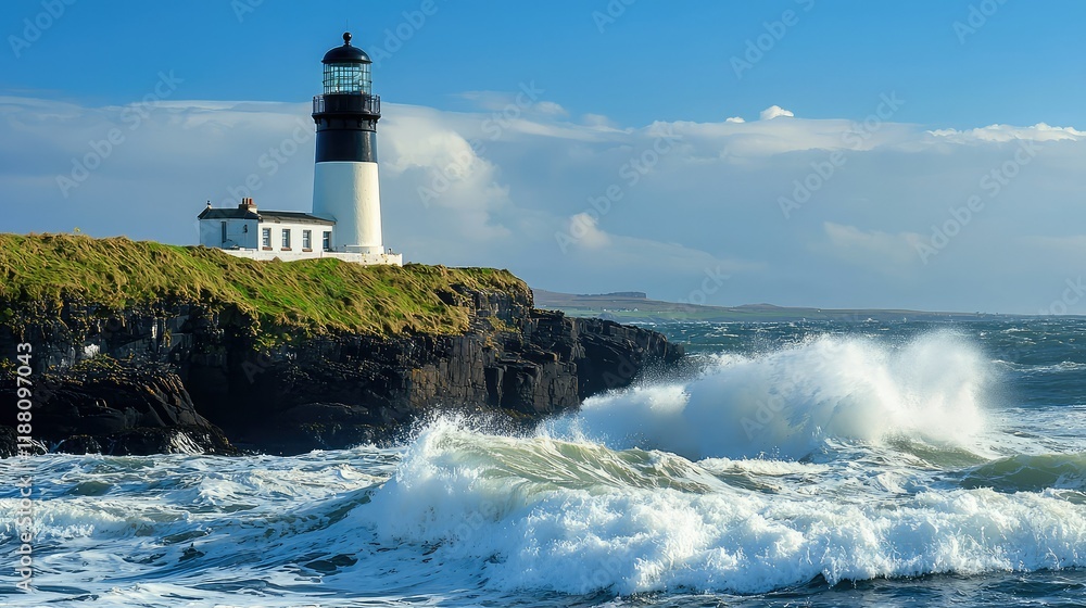Obraz premium Dramatic Seascape with Lighthouse Against Blue Sky and Waves
