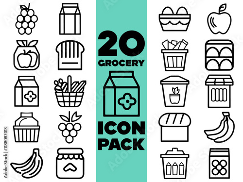 Minimalist Grocery Icons – Collection of Fresh Produce, Shopping Basket, and Retail Symbols in Flat Style