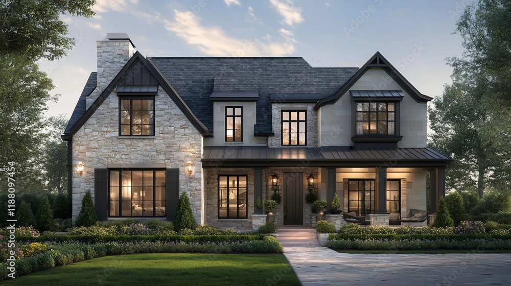 Luxurious two-story house with stone facade, dark windows, and a covered porch at dusk.
