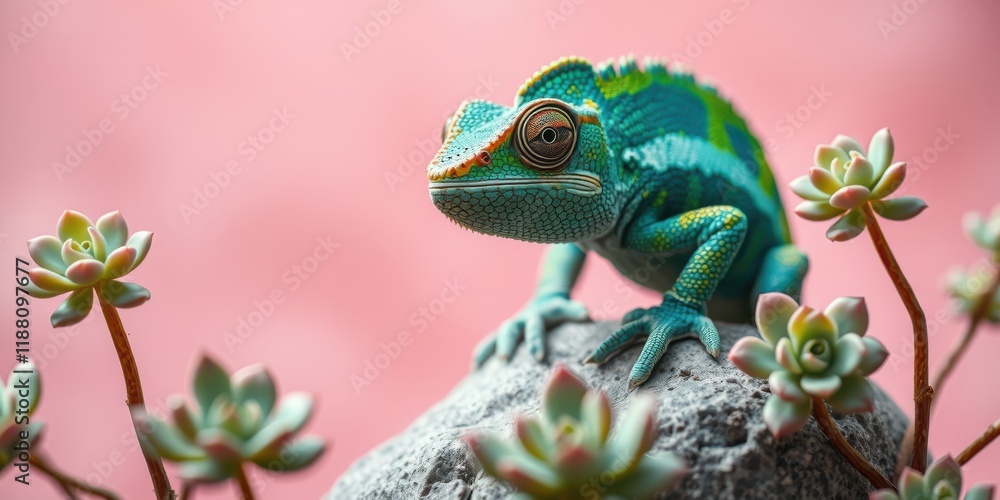 Obraz premium A Vibrant Green Chameleon Perched on a Rock Amongst Succulents Against a Soft Pink Background