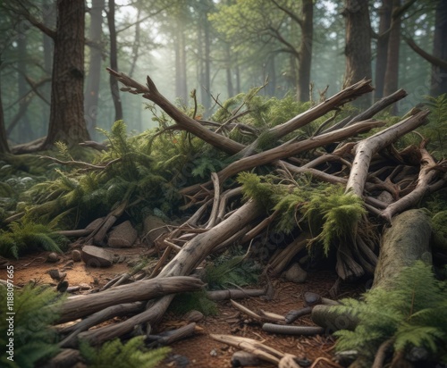 A jumbled pile of wood and branches on the forest floor, rough-hewn wood, forest floor, log pile photo