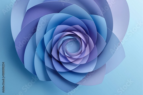 Abstract composition of layered geometric petals in gradient blue and purple hues, forming a floral pattern on a soft blue background. Concept of symmetry. Ai generative