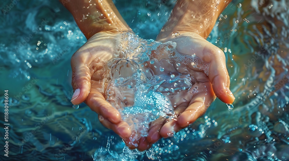 Fototapeta premium Closeup of human hands with water splashes