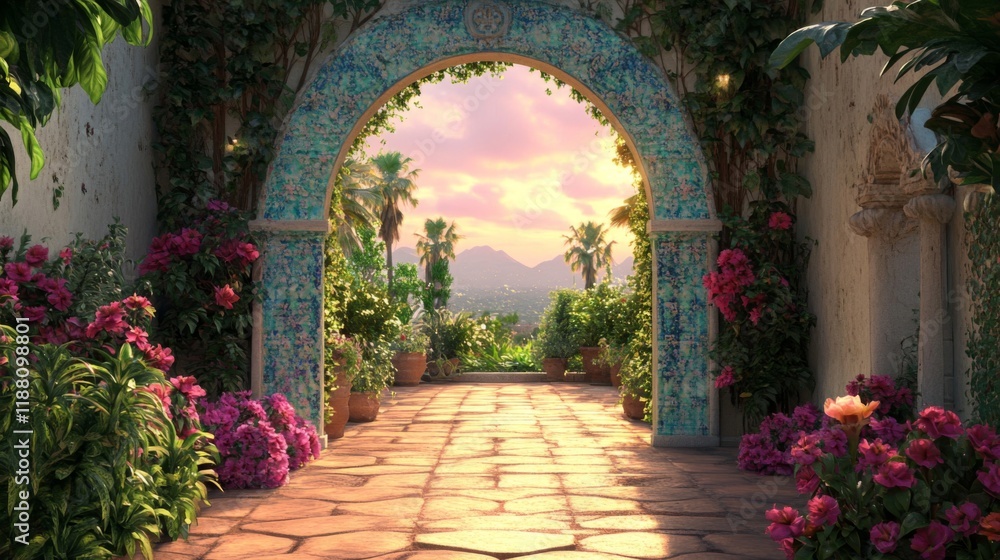 Fototapeta premium Serene Garden Archway Sunset Mountain View