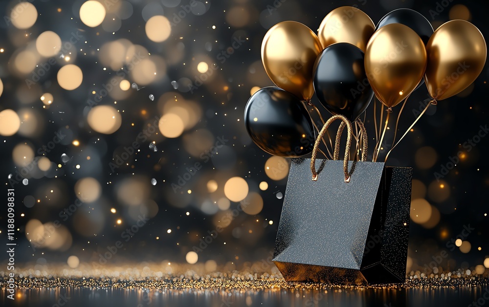 Obraz premium Black and golden shopping bag with floating balloons, bokeh and glitter, Black Friday sale scene with elegant copy space on dark background