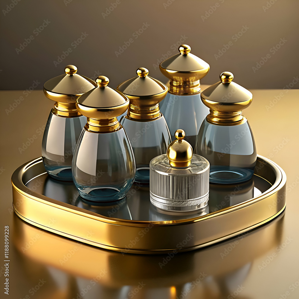 Elegant Gold and Glass Perfume Bottles on a Tray. Elegant Gold and Glass Perfume Bottles on a Tray.