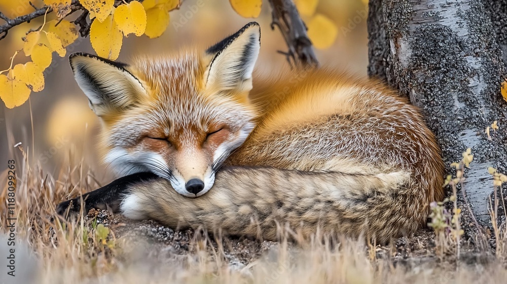 Naklejka premium Red fox sleeping peacefully under autumn leaves near a tree trunk.
