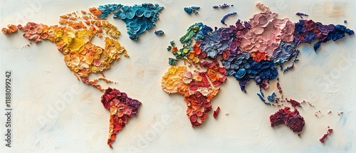 Creation artistique de carte du monde avec une mosaique de tampons de passeport, effet vintage, isolee sur fond blanc