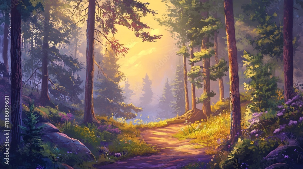 Obraz premium Sunlit path through a misty forest.