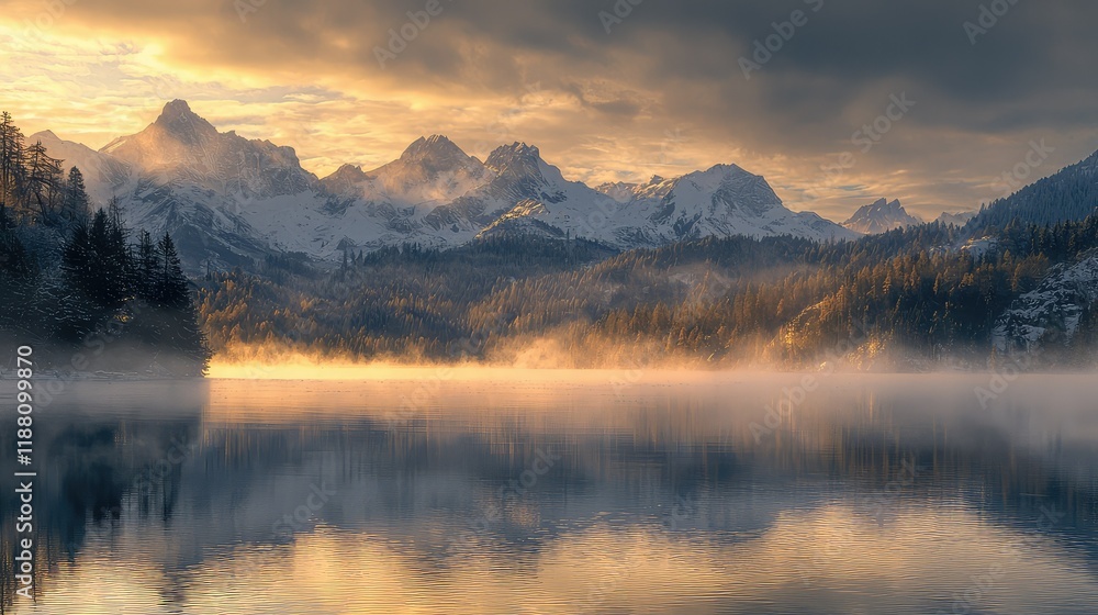 Fototapeta premium Serene Mountain Landscape with Mist Over Calm Reflective Lake