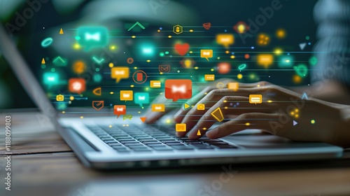 Closeup View of Hands Typing Messages on Keyboard with Chat Bubbles Overlay