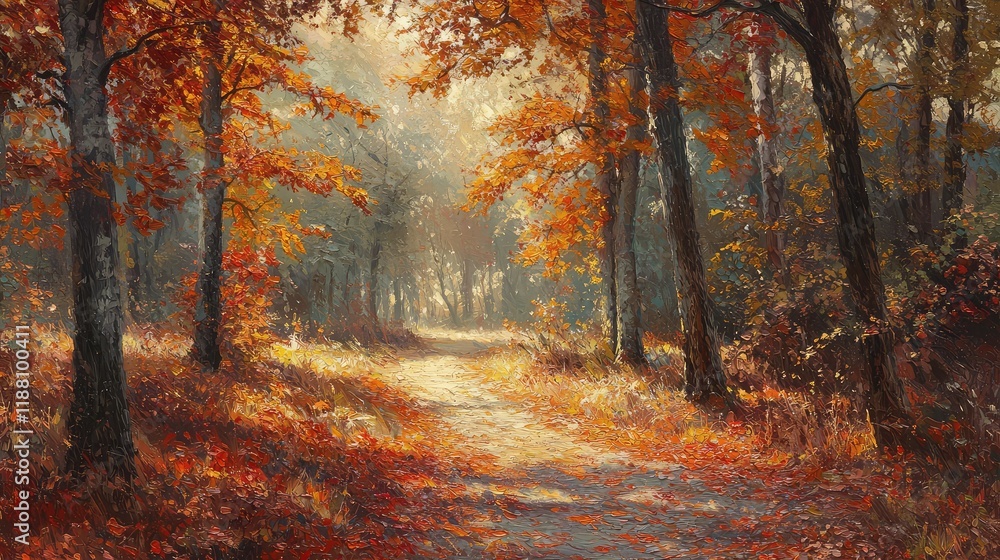 Obraz premium Serene Autumn Pathway Through Vibrant Forest with Golden Leaves