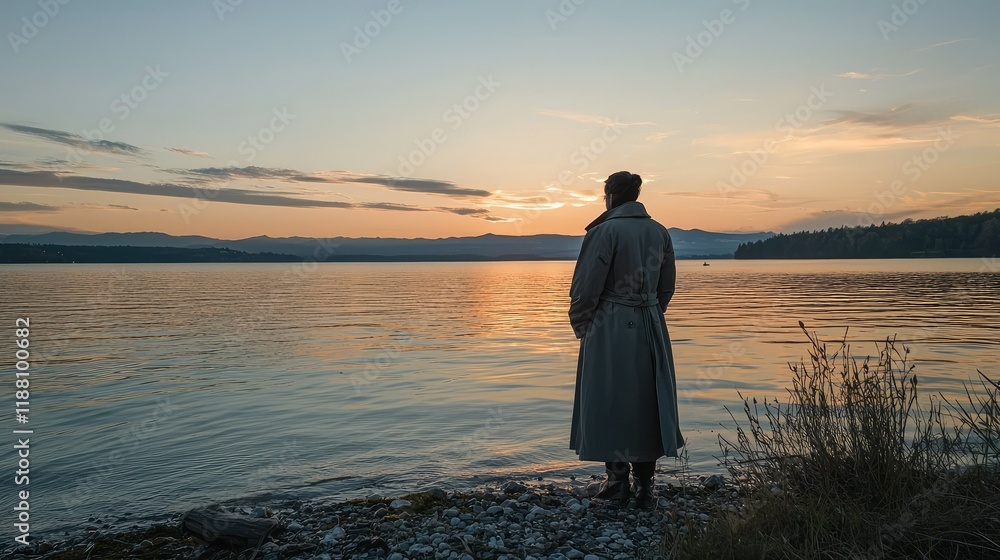Thoughtful Man in a Trench Coat Staring at Sunset Over Water Thoughtful Man in a Trench Coat Staring at Sunset Over Water