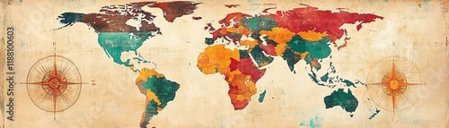 Illustration artistique de carte du monde composee de tampons de passeport diversifies, style exploration retro, isolee