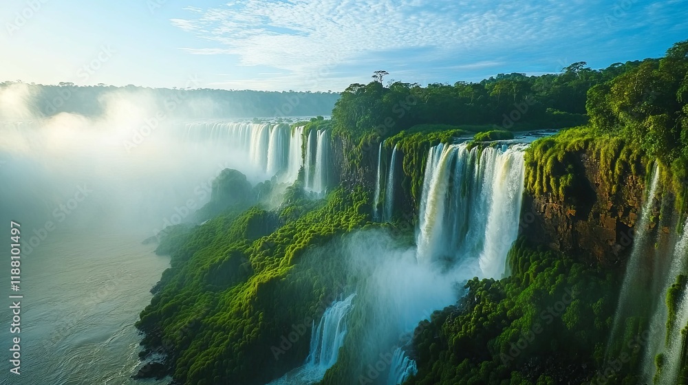 Naklejka premium Iguazu Falls: Serene Majestic Waterfalls Cascading Through Lush Green Rainforest